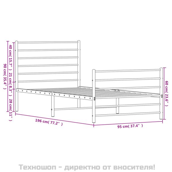 Метална рамка за легло с горна и долна табла, бяла, 90x190 см