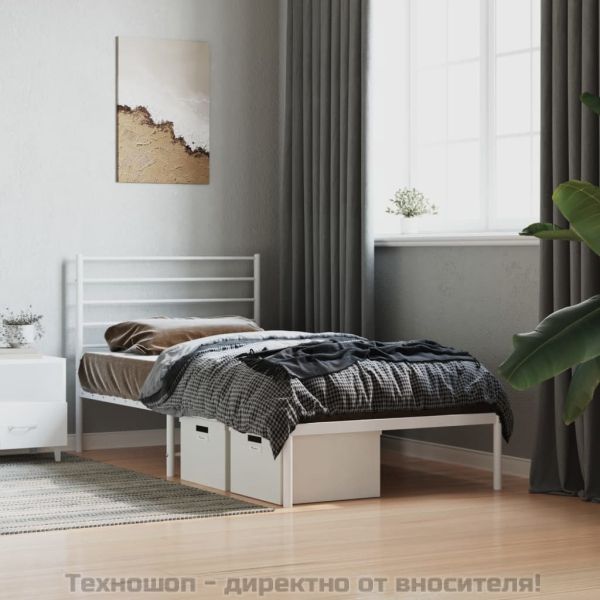 Метална рамка за легло с горна табла, бяла, 107x203 см