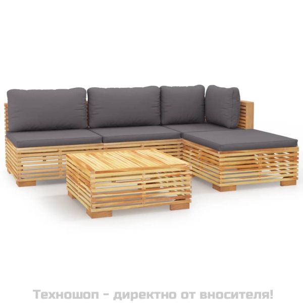 Градински комплект с възглавници, 5 части, тиково дърво масив