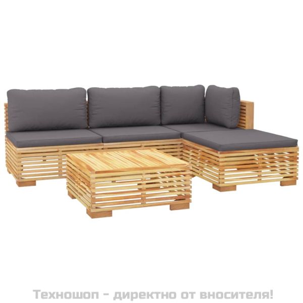 Градински комплект с възглавници, 5 части, тиково дърво масив