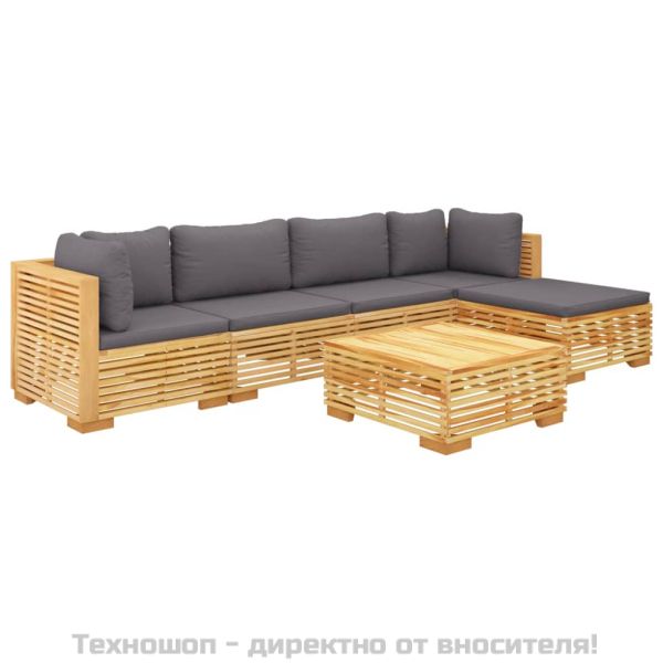 Градински комплект с възглавници, 6 части, тиково дърво масив