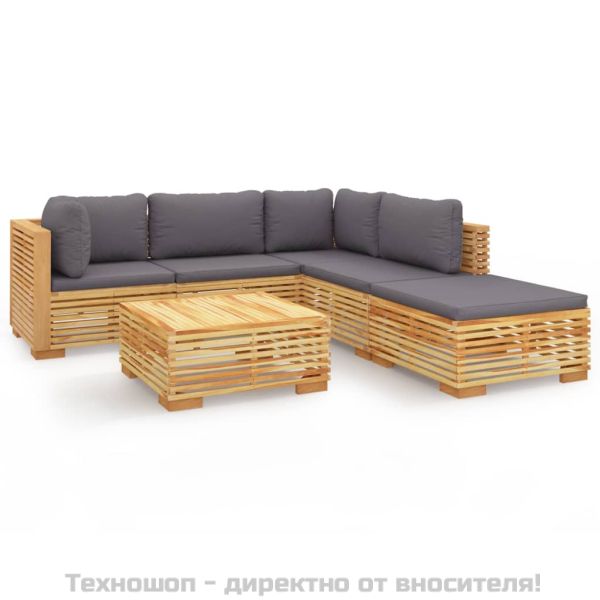 Градински комплект с възглавници, 6 части, тиково дърво масив
