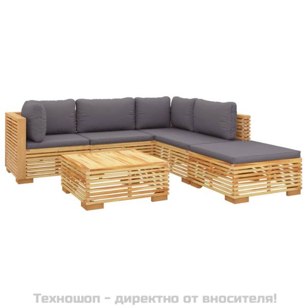 Градински комплект с възглавници, 6 части, тиково дърво масив