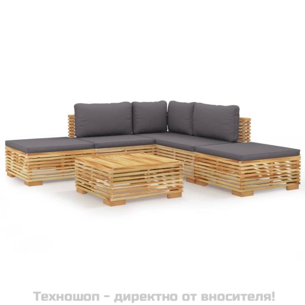 Градински комплект с възглавници, 6 части, тиково дърво масив