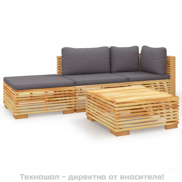 Градински комплект с възглавници, 4 части, тиково дърво масив