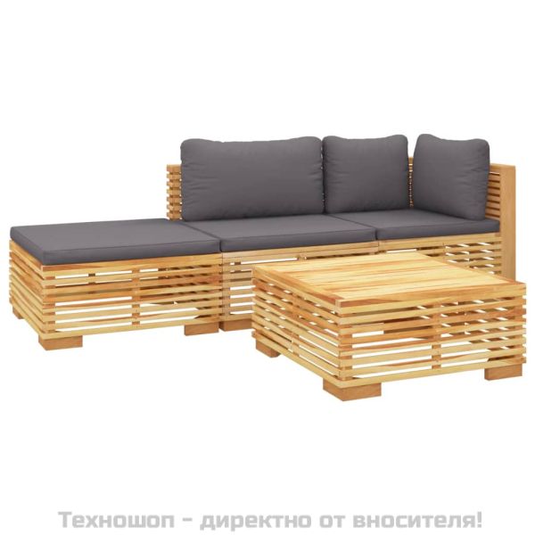 Градински комплект с възглавници, 4 части, тиково дърво масив