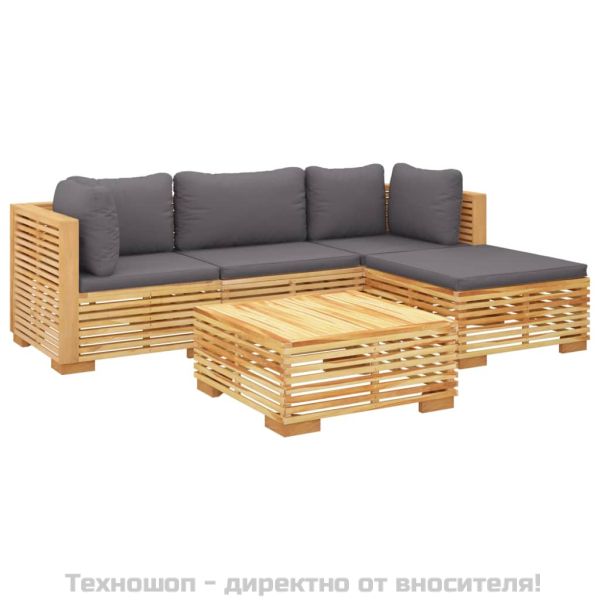 Градински комплект с възглавници, 5 части, тиково дърво масив