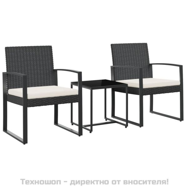 Градински комплект от 3 части с възглавници черен PP ратан