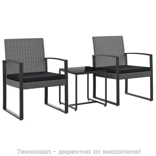 Градински комплект от 3 части с възглавници тъмносив PP ратан