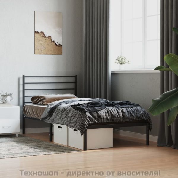 Метална рамка за легло с горна табла, черна, 100x200 см