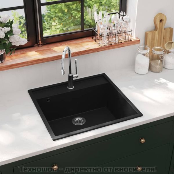 Кухненска мивка с преливник, черна, гранит
