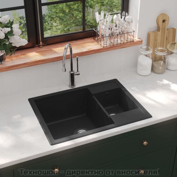 Кухненска мивка с преливник, двойно корито, черна, гранит
