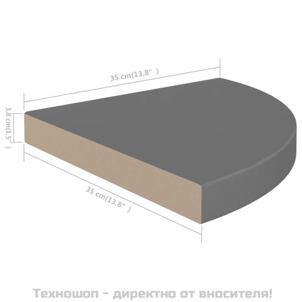 Окачени ъглови рафтове, 4 бр, сив гланц, 35x35x3,8 см, МДФ