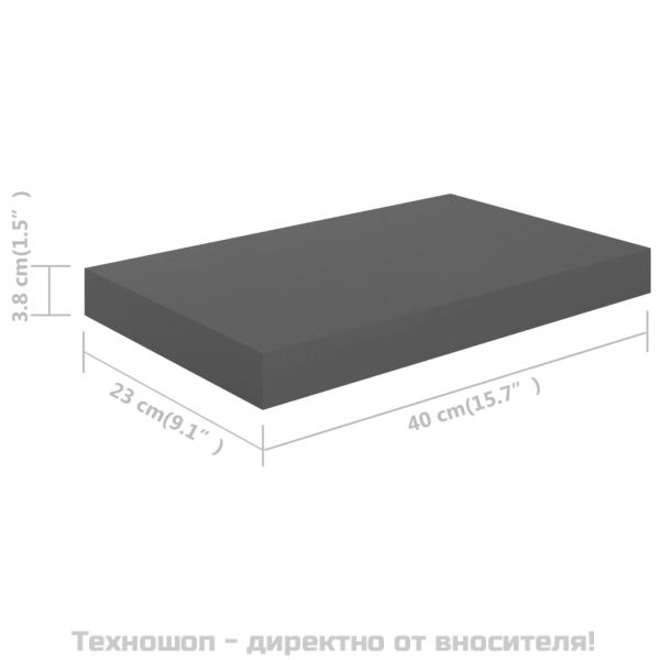 Окачен стенен рафт, сив гланц, 40x23x3,8 см, МДФ