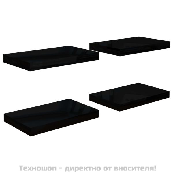 Окачени стенни рафтове, 4 бр, черен гланц, 40x23x3,8 см, МДФ