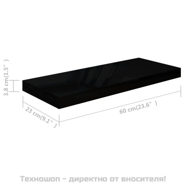 Окачени стенни рафтове, 2 бр, черен гланц, 60x23,5x3,8 см, МДФ