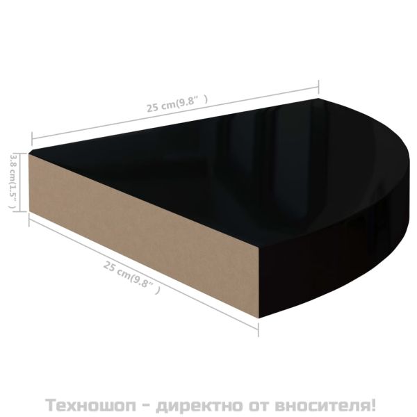 Окачени ъглови рафтове, 4 бр, черен гланц, 25x25x3,8 см, МДФ