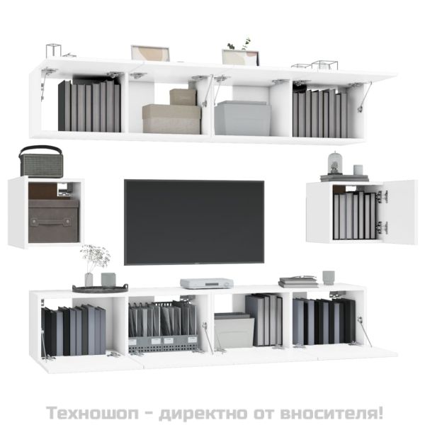 Комплект ТВ шкафове от 6 части, бял, инженерно дърво