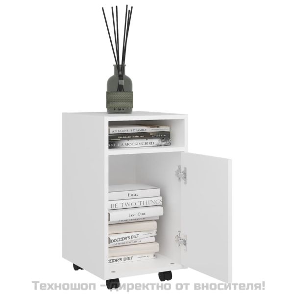 Страничен шкаф с колелца, бял, 33x38x60 см, инженерно дърво