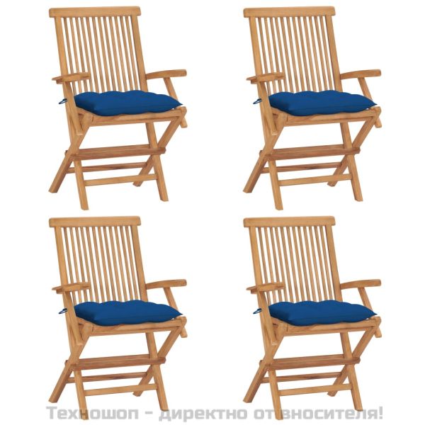Градински столове със сини възглавници 4 бр тиково дърво масив