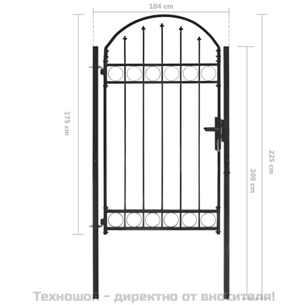 Оградна порта с арковиден връх, стомана, 104x175 см, черна