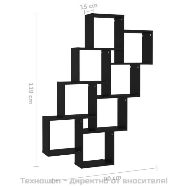 Стенен кубичен рафт, черен, 90x15x119 см, инженерно дърво