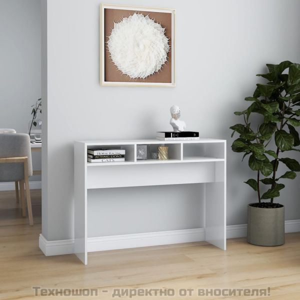 Конзолна маса, бял гланц, 105x30x80 см, инженерно дърво