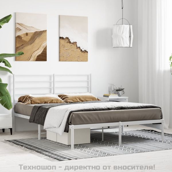 Метална рамка за легло с горна табла, бяла, 140x200 см