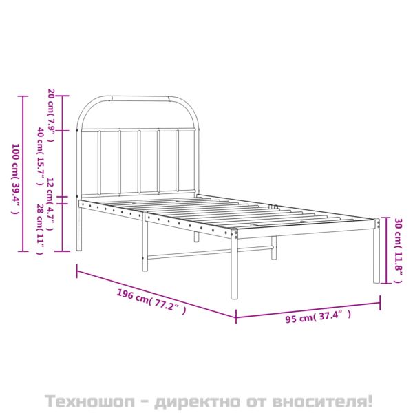 Метална рамка за легло с горна табла, бяла, 90x190 см