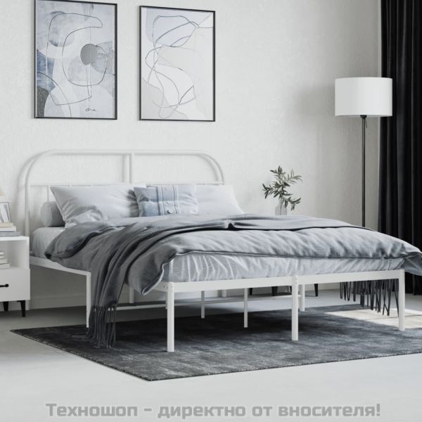 Метална рамка за легло с горна табла, бяла, 140x190 см