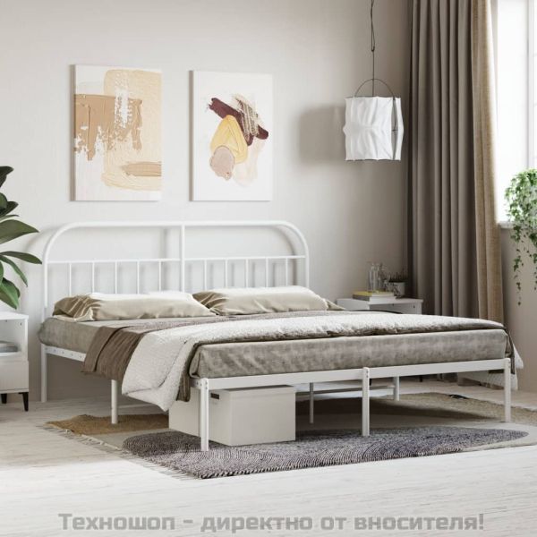 Метална рамка за легло с горна табла, бяла, 160x200 см