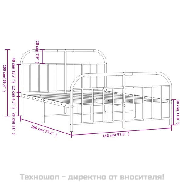 Метална рамка за легло с горна и долна табла, бяла, 140x190 см