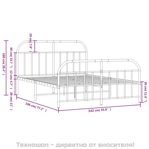 Метална рамка за легло с горна и долна табла, бяла, 135x190 см