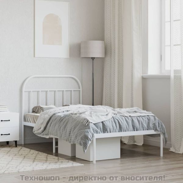 Метална рамка за легло с горна табла, бяла, 107x203 см