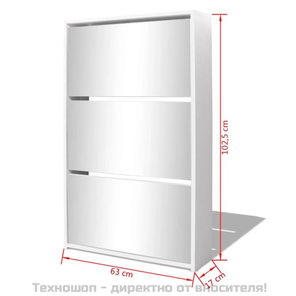 Шкаф за обувки с тройно огледало, бял, 63x17x102,5 cм