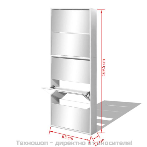 Шкаф за обувки на 5 нива с огледала, бял, 63x17x169,5 cм
