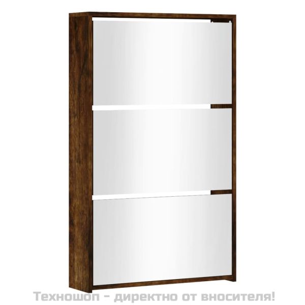 Шкаф за обувки с огледало, 3 нива, опушен дъб, 63x17x102,5 см