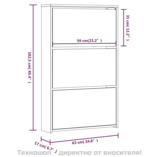 Шкаф за обувки с огледало, 3 нива, черен, 63x17x102,5 см
