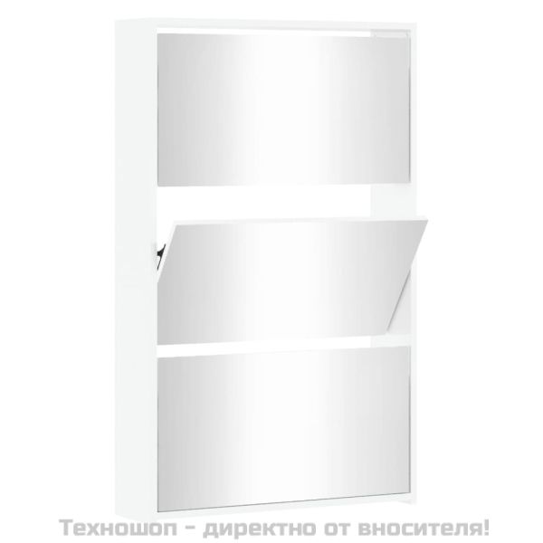 Шкаф за обувки с огледало, 3-слоен, бял, висок гланц, 63x17x102,5 см