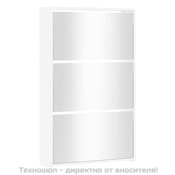 Шкаф за обувки с огледало, 3-слоен, бял, висок гланц, 63x17x102,5 см
