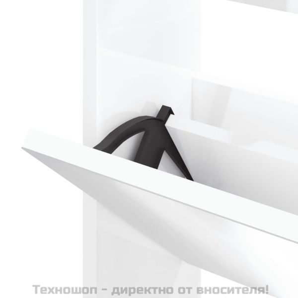 Шкаф за обувки с огледало, 3-слоен, бял, висок гланц, 63x17x102,5 см