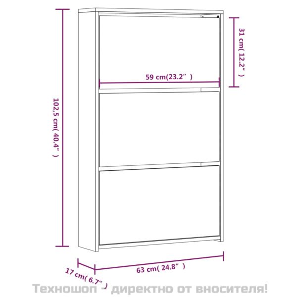 Шкаф за обувки с огледало, 3-слоен, бял, висок гланц, 63x17x102,5 см