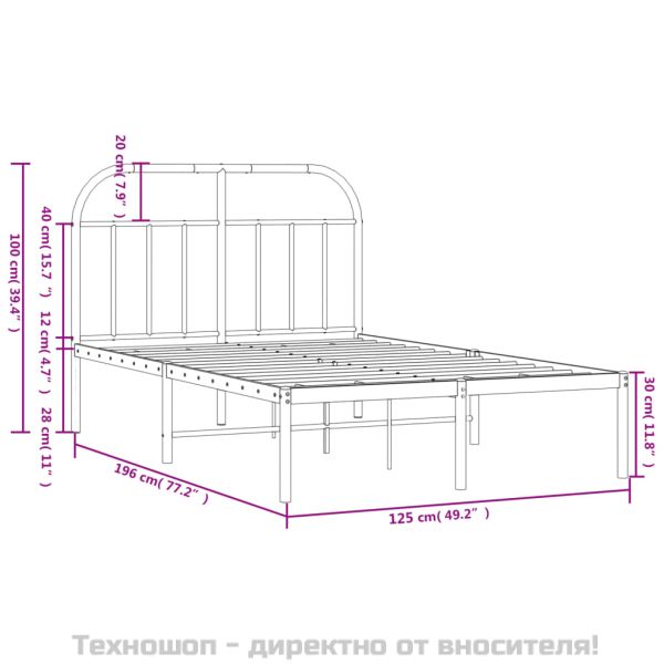 Метална рамка за легло с горна табла, бяла, 120x190 см