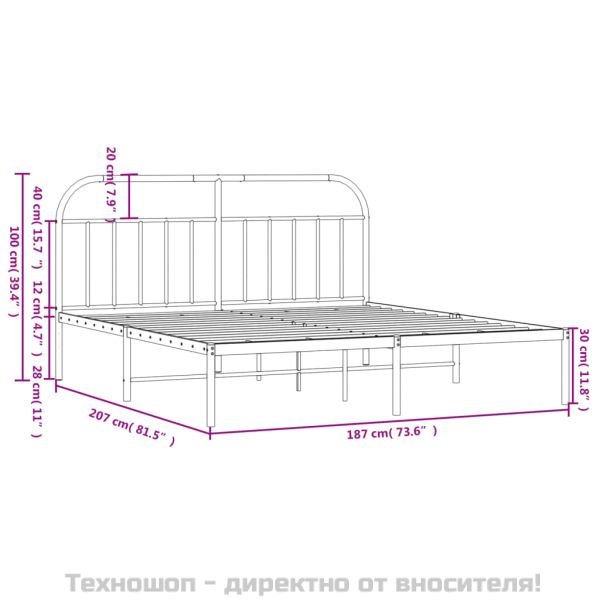 Метална рамка за легло с горна табла, черна, 180x200 см