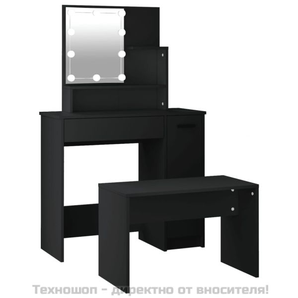 Комплект тоалетка с LED, черна, инженерно дърво