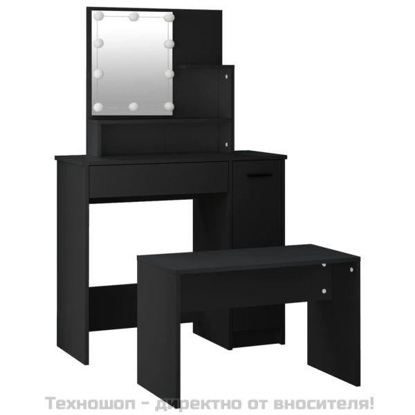 Комплект тоалетка с LED, черна, инженерно дърво