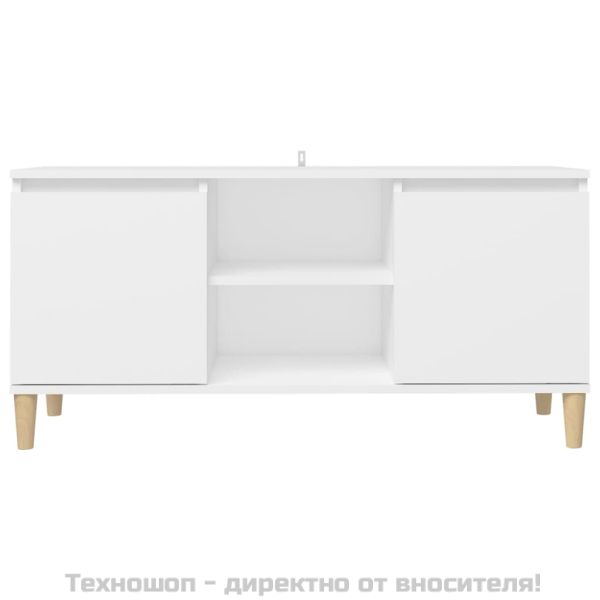 ТВ шкаф с крака от масивно дърво, бял, 103,5x35x50 см