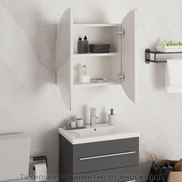 Шкаф за баня с кръгло огледало и LED, бял, 47x47x17,5 см