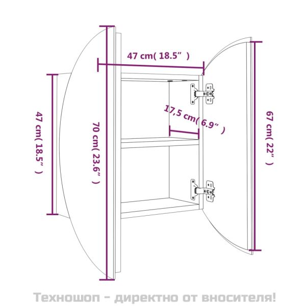 Шкаф за баня с кръгло огледало и LED, бял, 47x47x17,5 см