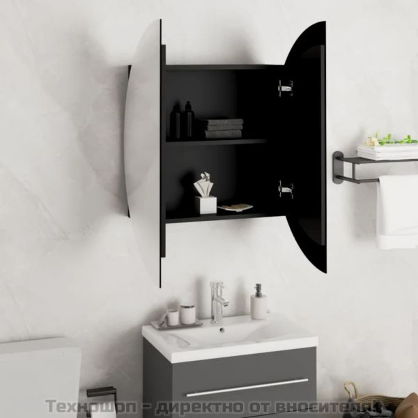 Шкаф за баня с кръгло огледало и LED, черен, 54x54x17,5 см